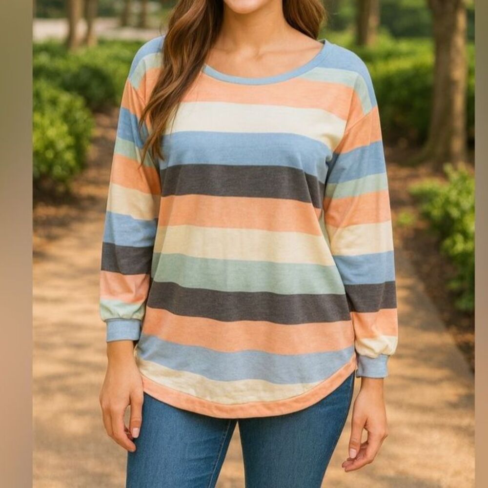 CY Women’s Medium Colorblock Long Sleeve Pastel Casual Top Spring Tee
